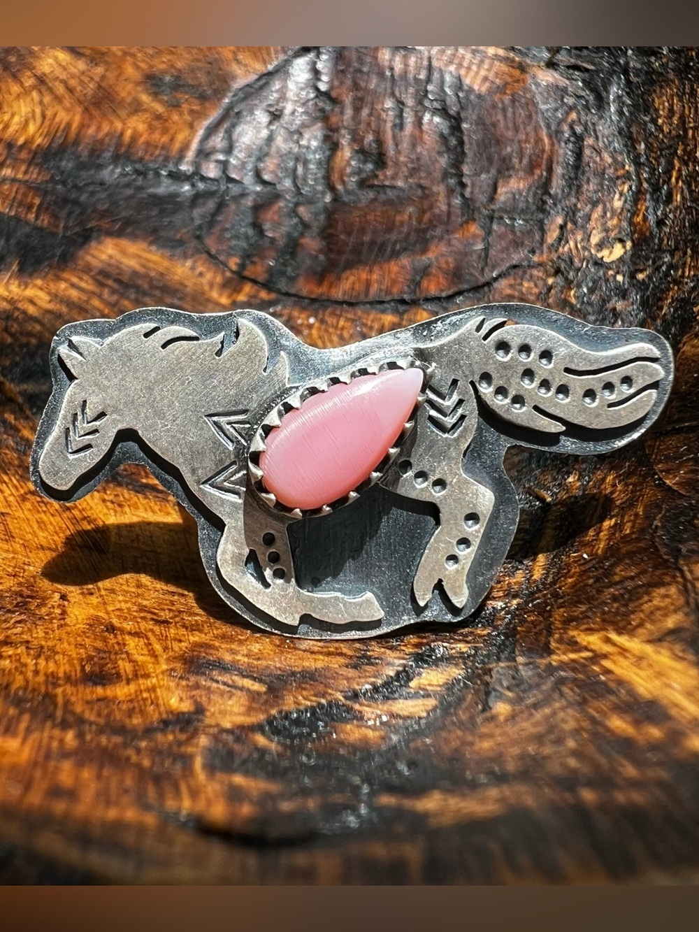 Sterling Silver Queen Conch Running Horse Ring Adjustable Southwestern
